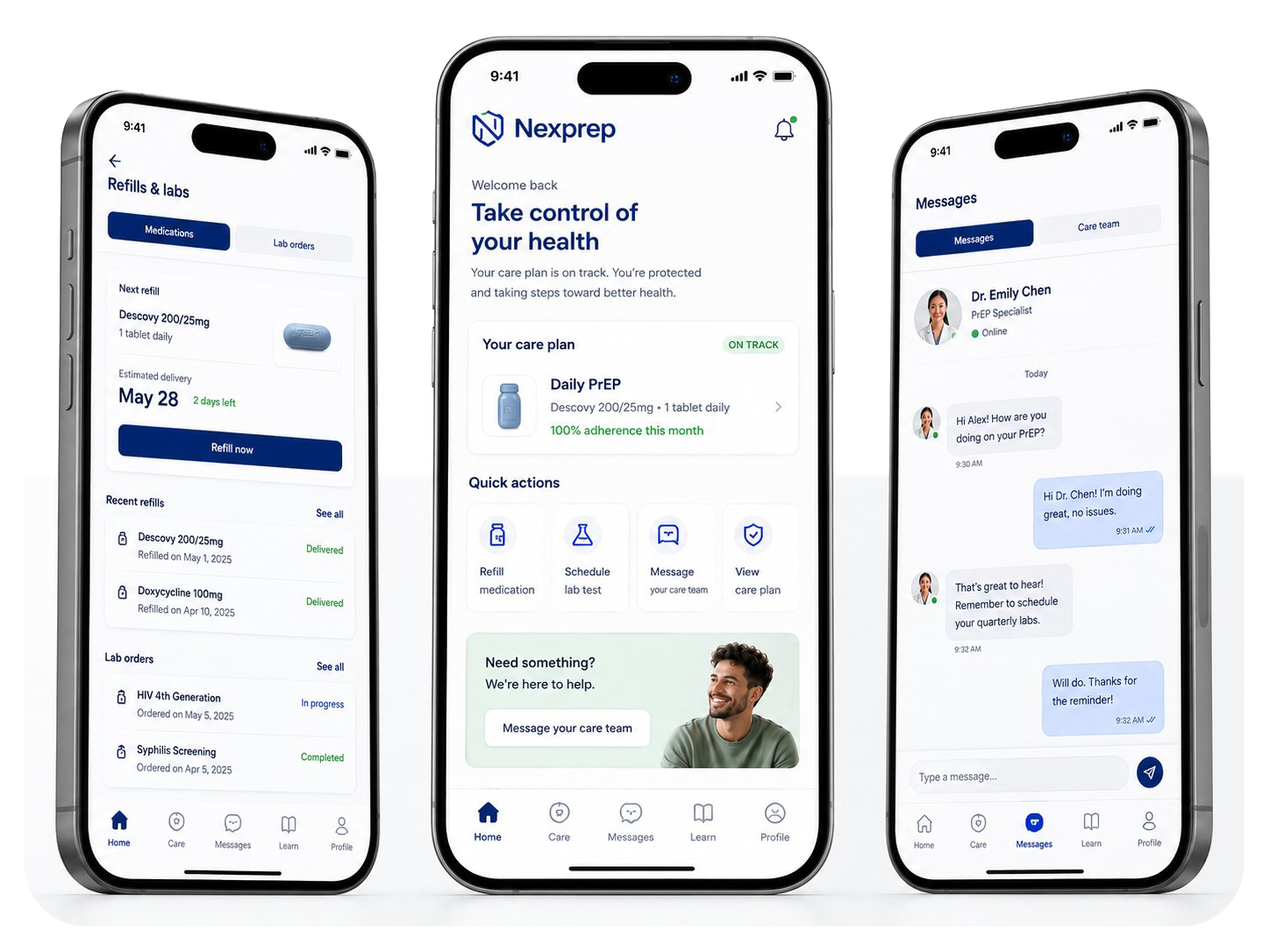 NextPrep mobile app showing care plan, refills and care team chat